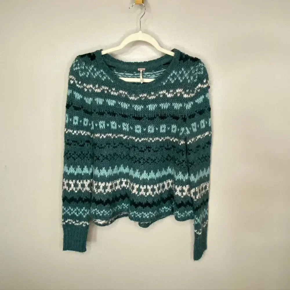 Women's Free People Through the Storm Wool Blend Fair Isle Sweater Green XS - Picture 2 of 11